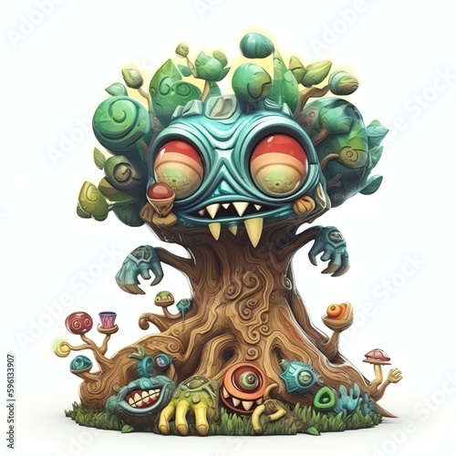 Cartoon 3D Illustration of a Cartoon Monster Tree with Many Eyes Created by Generative AI 