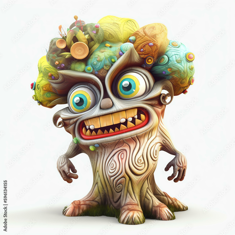 Cartoon 3D Expressive Character Designs of a Polychrome Monster Tree with Generative AI
