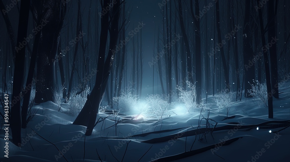 winter forest in darkness, digital art illustration, Generative AI