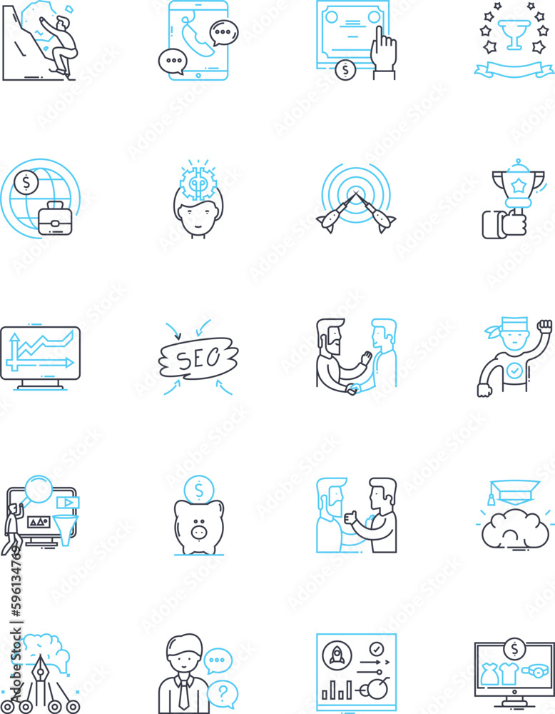 Financial markets linear icons set. Stocks, Bonds, Forex, Futures, Commodities, Options, Indices line vector and concept signs. Derivatives,Cryptocurrency,Exchange outline illustrations