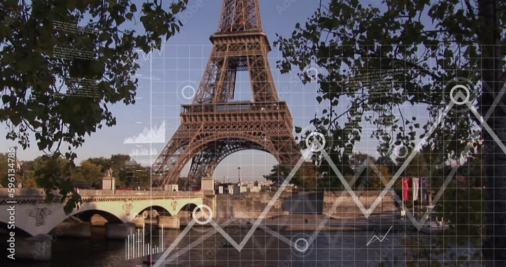Animation of multiple graphs and data over trees, river and bridge against eiffel tower
