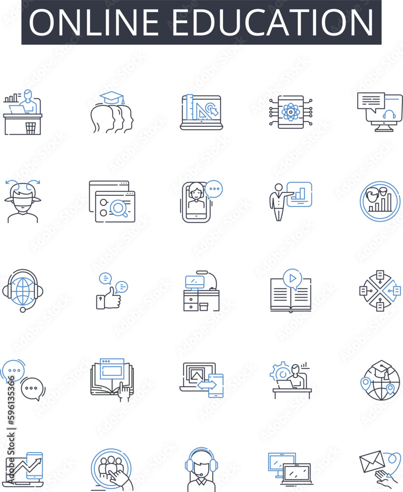 Online education line icons collection. Digital learning, E-Learning, Distance education, Remote instruction, Virtual schooling, Web-based training, Electronic courses vector and linear illustration Online education line icons collection. Digital learning, E-Learning, Distance education, Remote instruction, Virtual schooling, Web-based training, Electronic courses vector and linear illustration