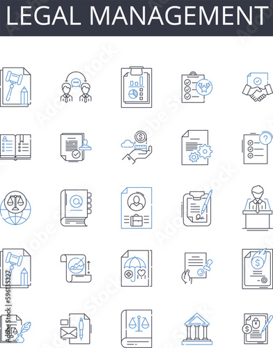 Legal management line icons collection. Medical administration, Financial control, Scientific direction, Corporate governance, Human resources, Technical supervision, Political leadership vector and