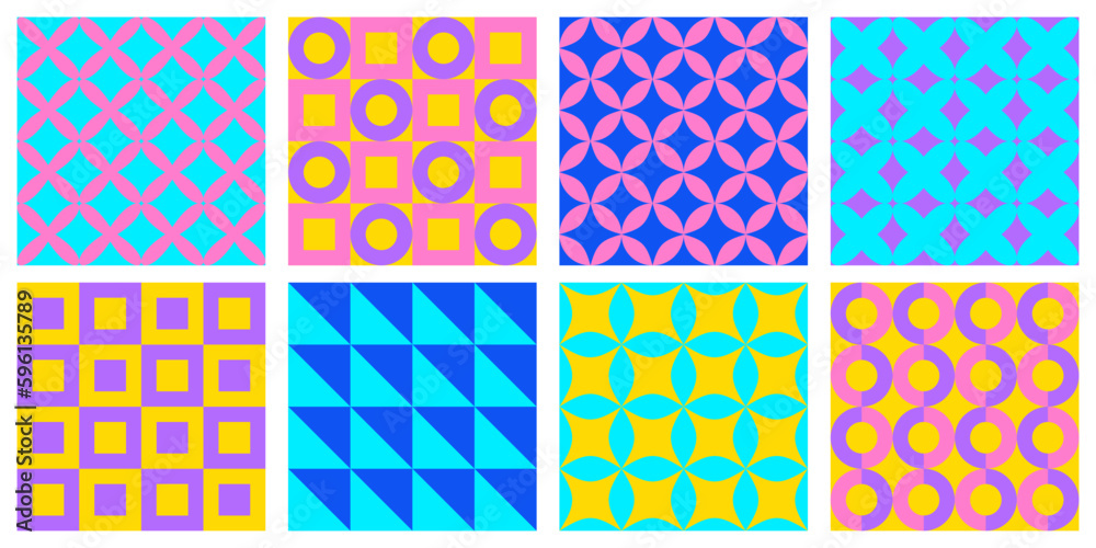 Set of seamless patterns with abstract geometric shapes. Colorful vector retro backgrounds and covers template.