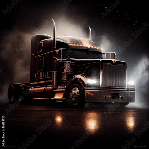Black truck with illuminated head lights on a night background.  Generative AI.