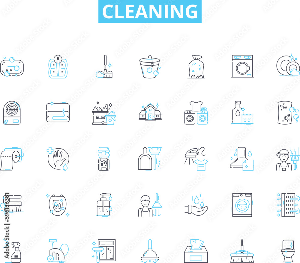 Cleaning linear icons set. Scrubbing, Polishing, Dusting, Sweeping, Mopping, Vacuuming, Sanitizing line vector and concept signs. Disinfecting,Tidying,Organizing outline illustrations