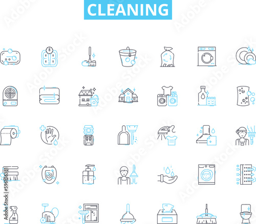 Cleaning linear icons set. Scrubbing, Polishing, Dusting, Sweeping, Mopping, Vacuuming, Sanitizing line vector and concept signs. Disinfecting,Tidying,Organizing outline illustrations