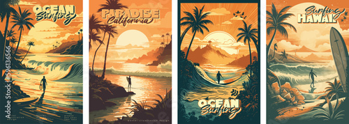 Obraz na plátně Sunset vintage retro style beach surf poster vector illustration