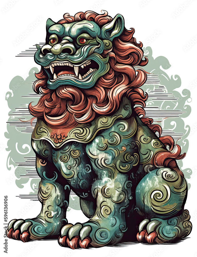 Chinese Dragon Statue, Foo Dog, Chinese Culture, Watercolor. generative AI Chinese Dragon Statue, Foo Dog, Chinese Culture, Watercolor. generative AI