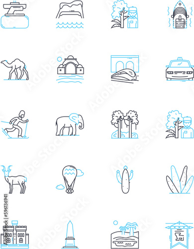 Trek linear icons set. Adventure, Exploration, Mountains, Excitement, Trekking, Hiking, Nature line vector and concept signs. Trail,Wilderness,Terrain outline illustrations