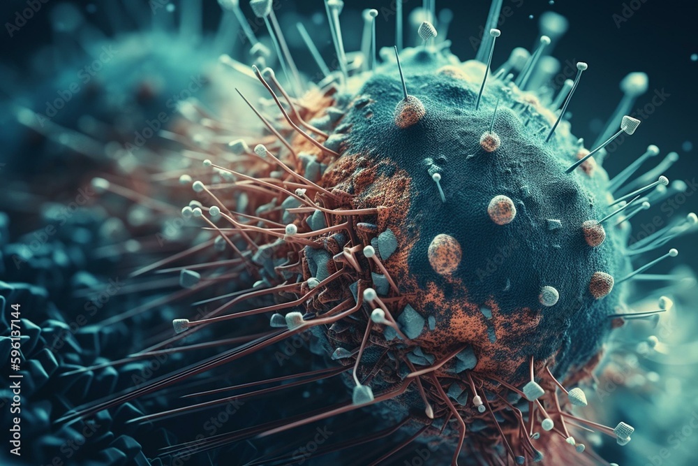 Close-up 3D rendering of virus under microscope. Illustrating infectious diseases caused by viruses such as Hepatitis, H1N1, HIV, Flu, AIDS. Concept of viral disease. Generative AI - obrazy, fototapety, plakaty 