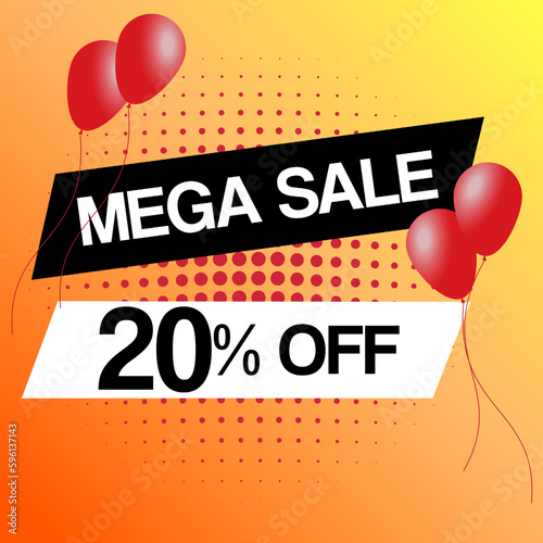 Mega sale banner for web or social media. With red balloons and gradient background. Discount announcement. Sale tag