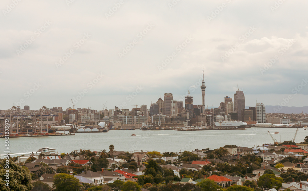 Fototapeta premium A view of the skyline of bustling Auckland, New Zealand's largest city, from Mount Victoria in Devonport. One-third of the population lives in the city.