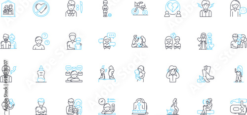 Human behavior linear icons set. Emotions, Instincts, Habits, Reactions, Impulses, Motivations, Adaptability line vector and concept signs. Responsiveness,Empathy,Sympathy outline illustrations