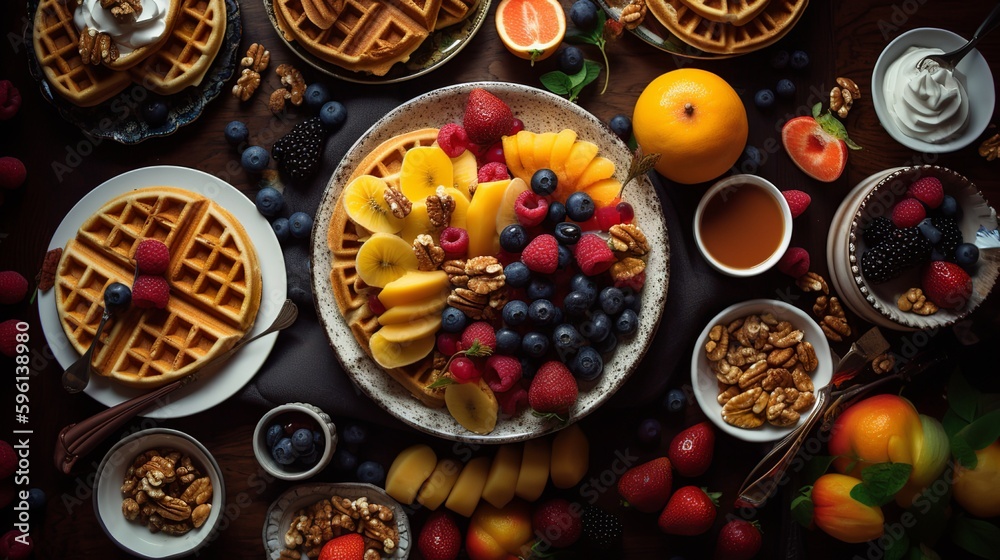 Fancy Breakfast Spread: Pancakes and Waffles with Fresh Fruit and Nuts
