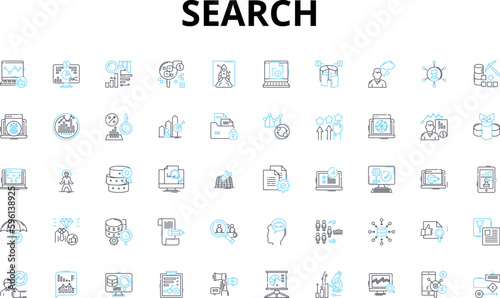 Search linear icons set. Query, Explore, Lookout, Hunt, Probe, Investigate, Scrutinize vector symbols and line concept signs. Analyze,Dig,Browse illustration