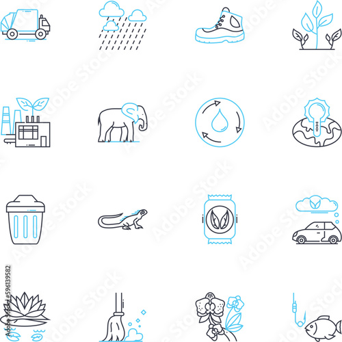 Pollution problems linear icons set. smog, landfill, deforestation, emissions, contamination, waste, acidification line vector and concept signs. runoffs,radiation,noise outline illustrations