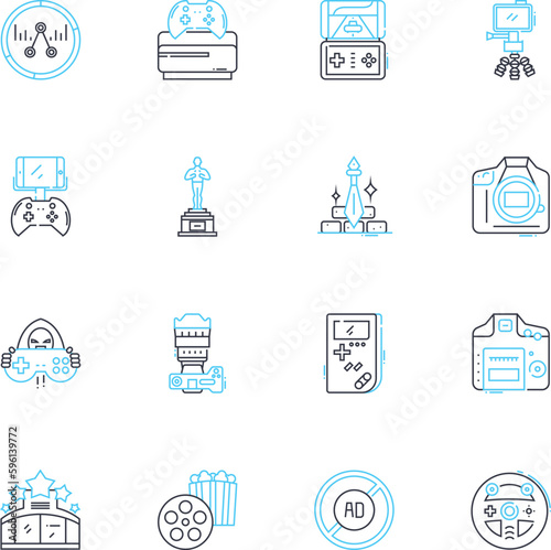 Film production linear icons set. Cinematography, Screenplay, Editing, Lighting, Sound, Directing, Casting line vector and concept signs. Script,Animation,Storyboarding outline illustrations