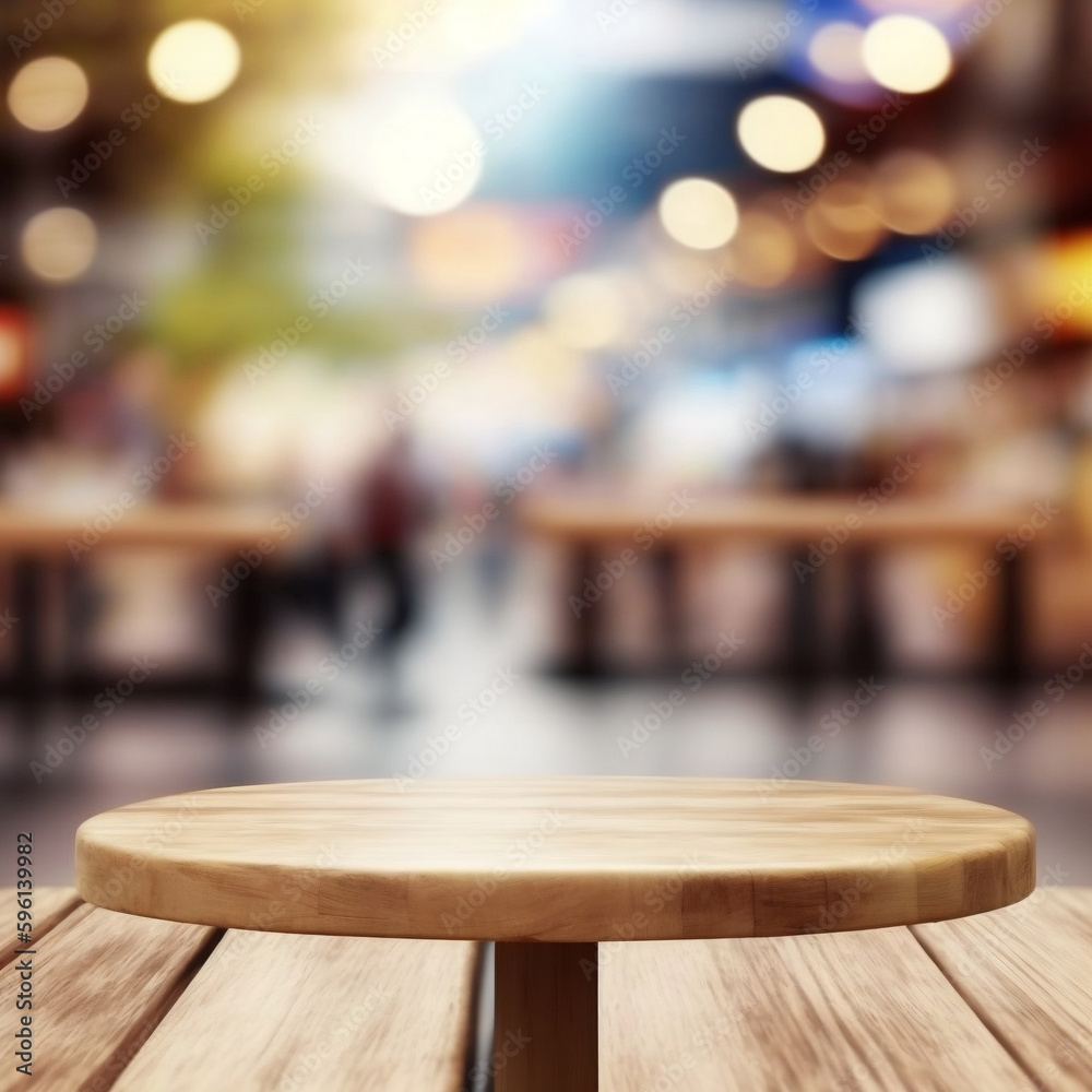 Empty wooden table in front of abstract blurred background of shopping mall . wood table in front can be used for display or montage your products.Mock up for display of product Generative AI