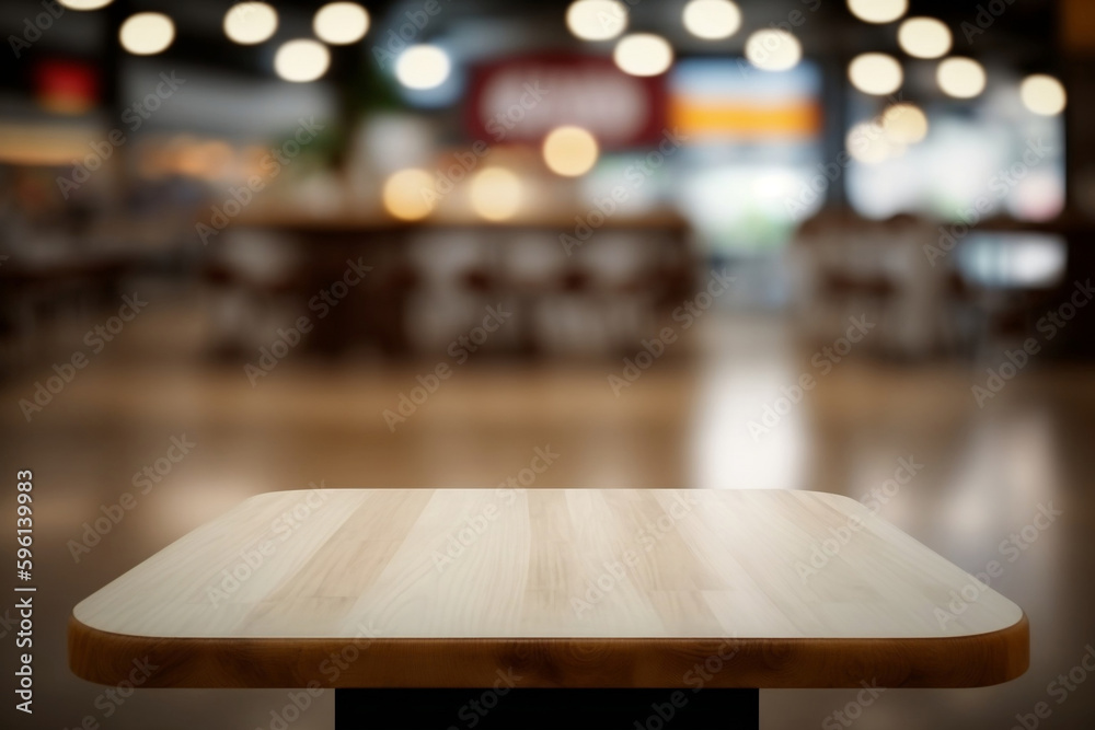 Empty wooden table in front of abstract blurred background of shopping mall . wood table in front can be used for display or montage your products.Mock up for display of product Generative AI