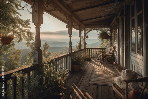 Picturesque porch with a beautiful view. Generative AI