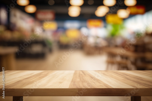 Empty wooden table in front of abstract blurred background of shopping mall . wood table in front can be used for display or montage your products.Mock up for display of product Generative AI