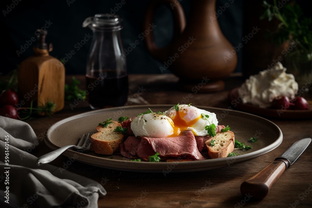 A classic breakfast dish made with corned beef and potatoes topped with perfectly poached eggs. Generative AI