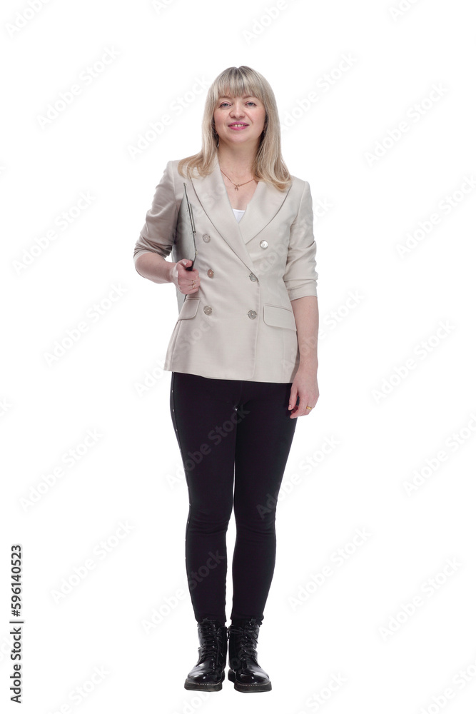 responsible woman with clipboard looking forward . in full growth. responsible woman with clipboard looking forward . in full growth.