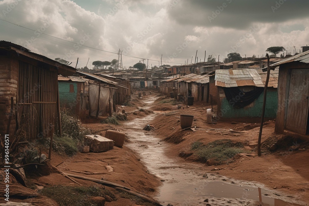 A shantytown in Kenya is covered in dirt and mud. Generative AI