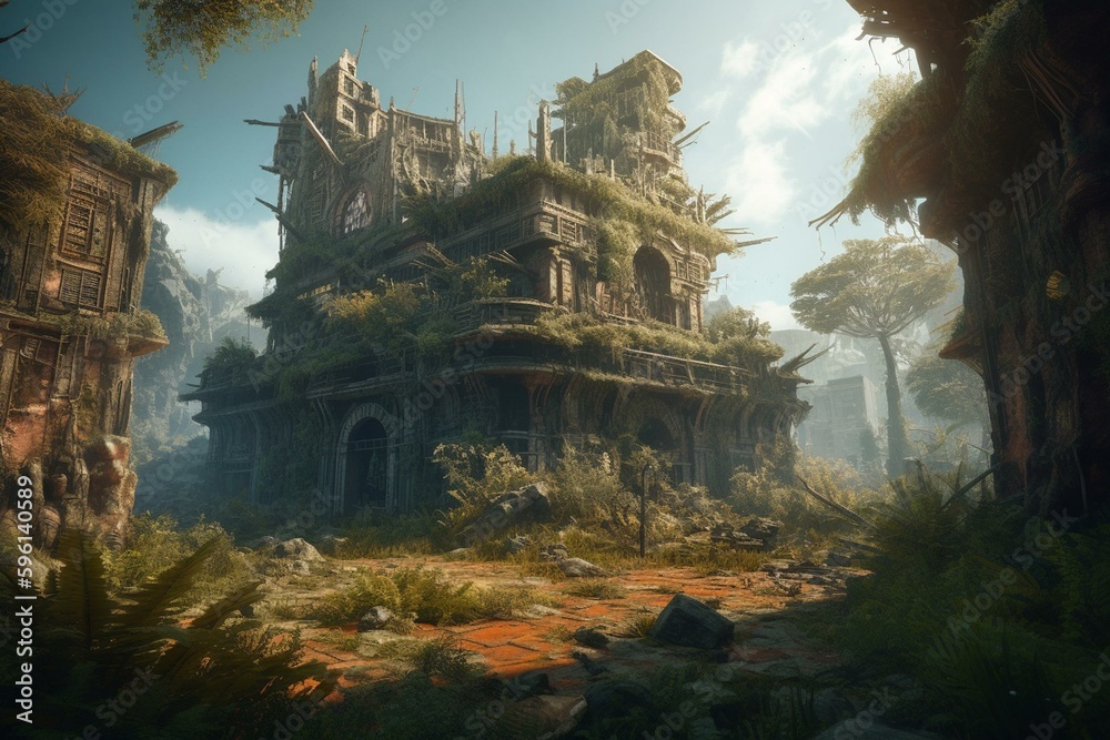 Illustration of post-apocalyptic ruins in a fantasy land, perfect for games. Generative AI