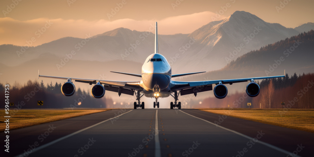 Passenger plane takes off from the airport against the background of mountains and forest. AI generation  - obrazy, fototapety, plakaty 