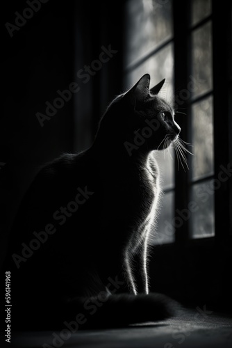 black cat silhouette, studio photography, black and white photography, animals, wall art, generative ai