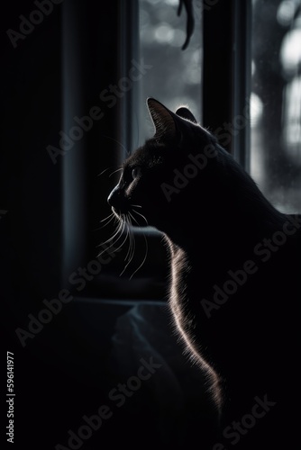 cat silhouette, studio photography, black and white photography, animals, wall art, generative ai