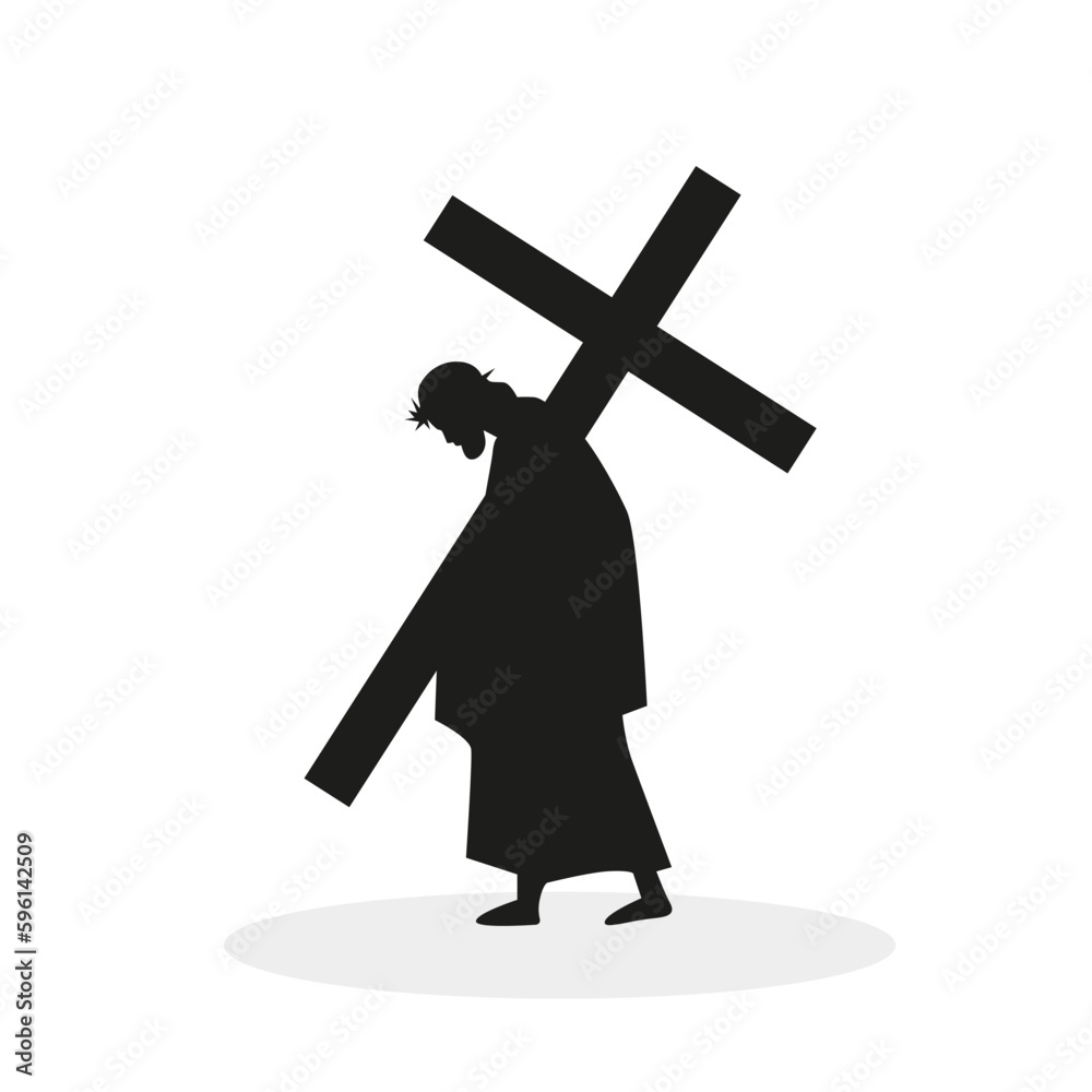 Jesus carries the cross silhouette on a white background