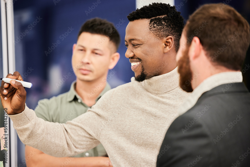 Success is in the strategy. three handsome businessmen working on a glass wipe board during a meeting in the boardroom. Success is in the strategy. three handsome businessmen working on a glass wipe board during a meeting in the boardroom.