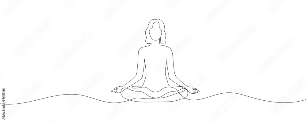 Woman sitting in lotus yoga pose. Continuous one line drawing on white background