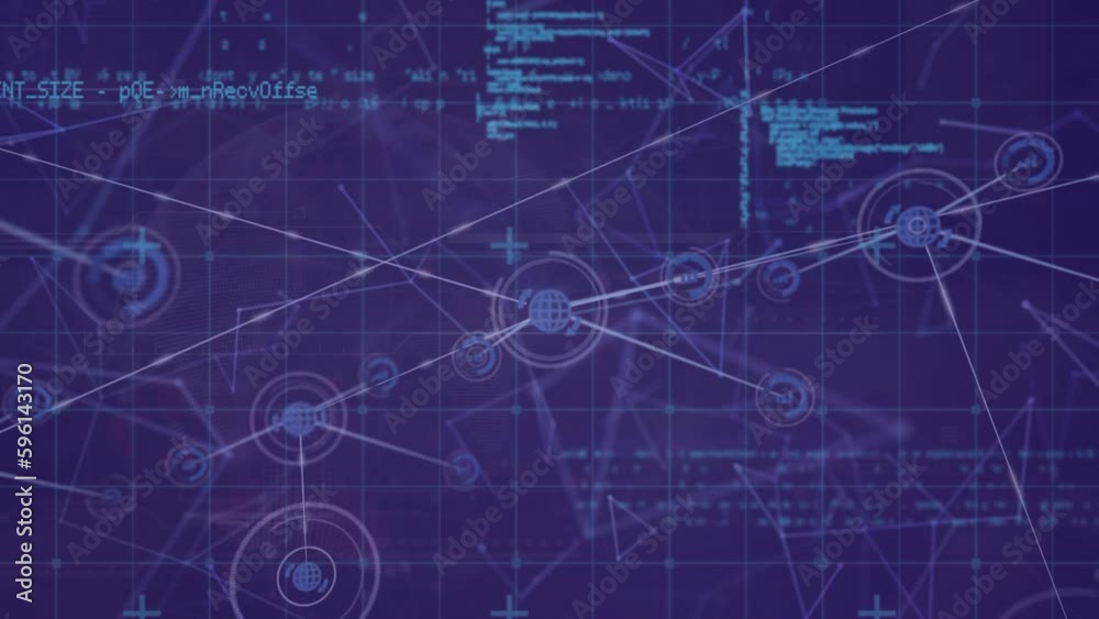 Animation of network of digital icons and data processing over grid network against blue background Animation of network of digital icons and data processing over grid network against blue background