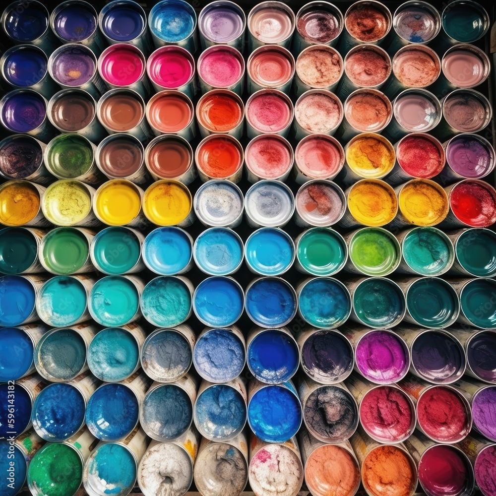Cans of paint rainbow wall art square photo, manufacture palette background, bright color generative ai illustration Cans of paint rainbow wall art square photo, manufacture palette background, bright color generative ai illustration