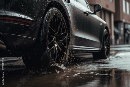 Black car wheels splash rainwater in fast daylight city, focused. Generative AI © Endellion