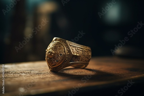 An abandoned and forgotten antique gold ring with intricate details hinting at an intriguing past. Generative AI