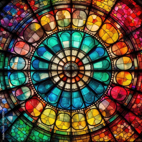 Stained Glass Window wall art square photo, manufacture palette background, bright color generative ai illustration