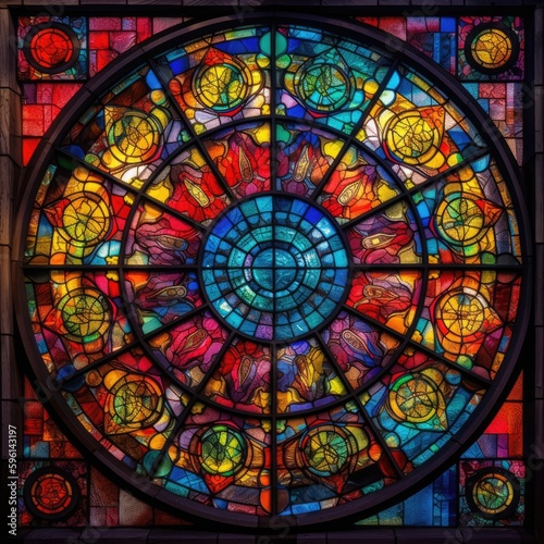 Stained Glass Window wall art square photo, manufacture palette background, bright color generative ai illustration