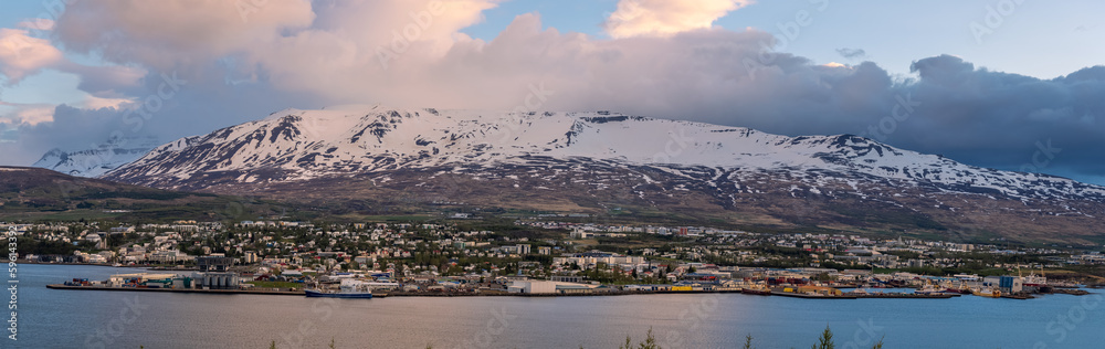 Obraz premium Panoramic view of Akureyri city, is a fifth largest Municipality in Iceland and largest city in Northern Iceland.
