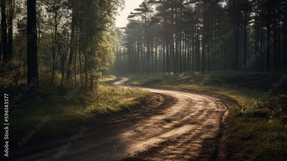 Sunny curved forest road landscape generative ai