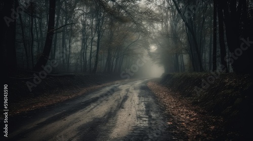 Forest road landscape at dark autumn weather  generative ai