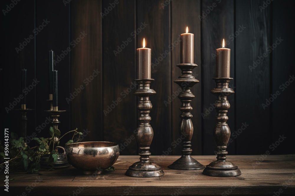 A pair of candlesticks on a rustic wood backdrop. Generative AI