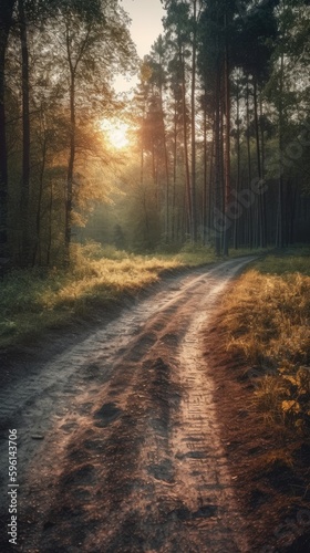 Sunny forest road beautyfull landscape generative ai © Wiktoria