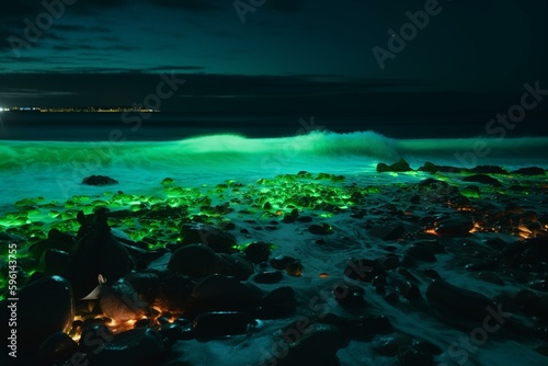 Ocean filled with fluorescent electronic waste floating. Generative AI