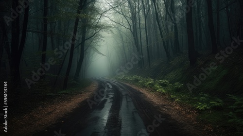 Fog in forest road landscape at autumn generative ai