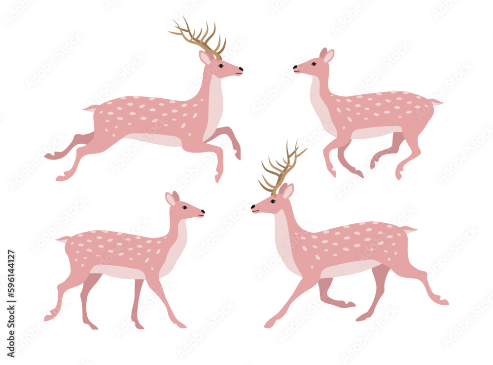 Vector set of flat hand drawn pink deer isolated on white background